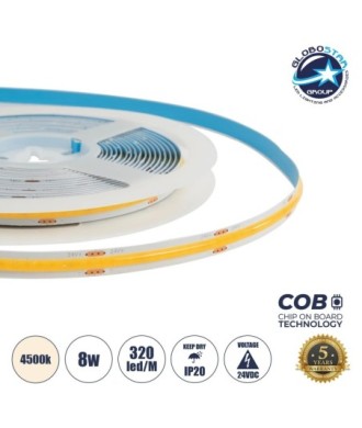 GLOBOSTAR® BEE 70360 Ταινία LED 8W-m 800lm-m 120° DC 24V IP20 320 x COB Chip-m Φυσικό Λευκό 4500K Dimmable - Sanan COB Chip - Μ500 x Π0.8 x Υ0.2cm - Ρολό 5 Μέτρων - 5 Χρόνια Εγγύηση